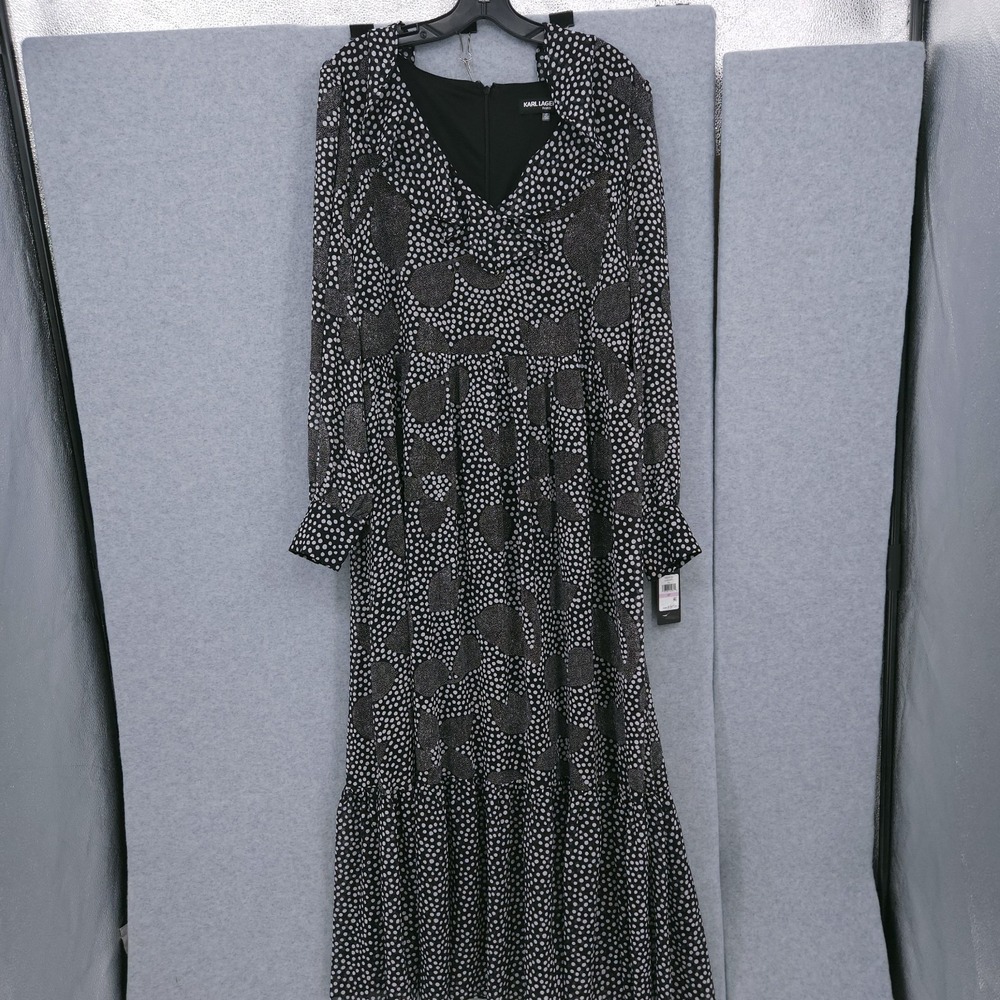 Karl Lagerfeld Paris V Neck Ruffle Long Sleeve Dot Black Dress Womens 6P READ